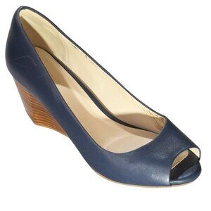 Cole Haan Sadie Womens Navy Blue Leather Open-Toe Stacked Wedge Heels Size 8.5